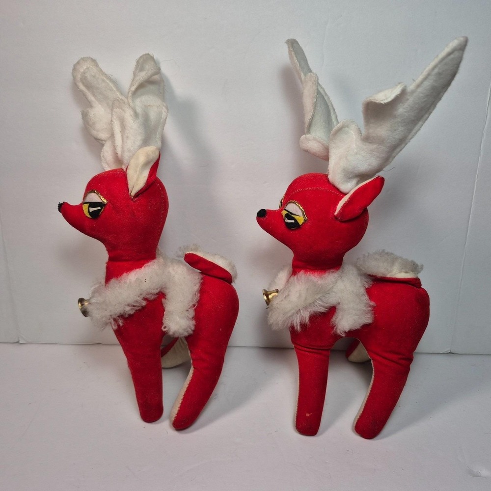 Vintage Japan Red Felt Velvet Sawdust Stuffed Christmas Reindeer 60's